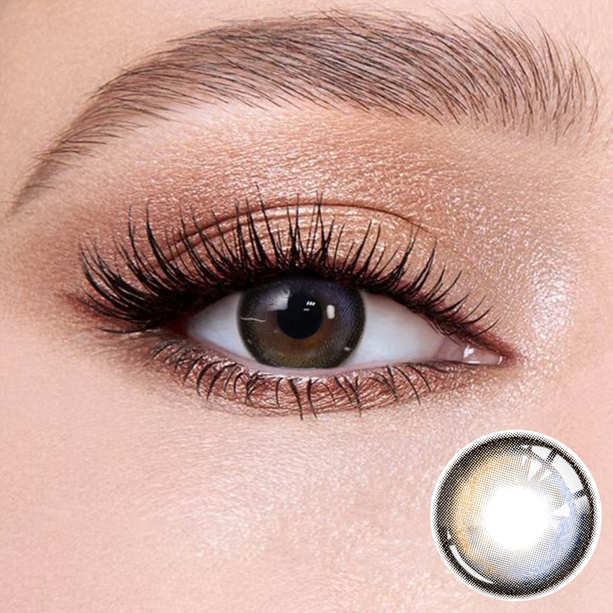 Nightfall Seaside Blue contact lenses on the eyes, close-up of the product on the lower right