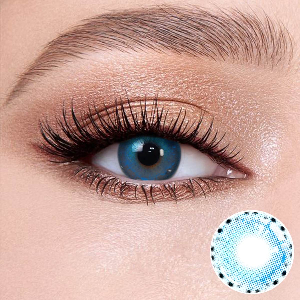Soul Blue contact lenses on the eyes, close-up of the product on the lower right