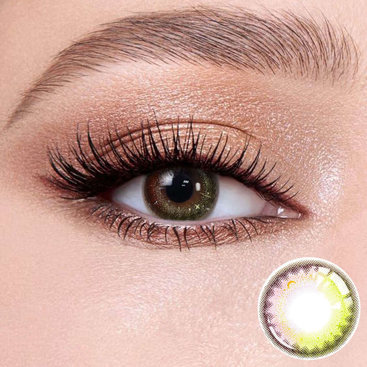 Yel Dream Elflow pink contact lenses on the eyes, close-up of the product on the lower right