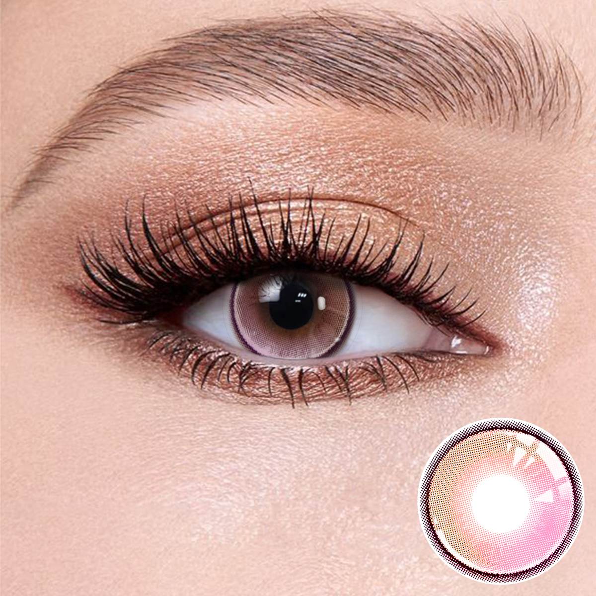 Hola Purple contact lenses on the eyes, close-up of the product on the lower right