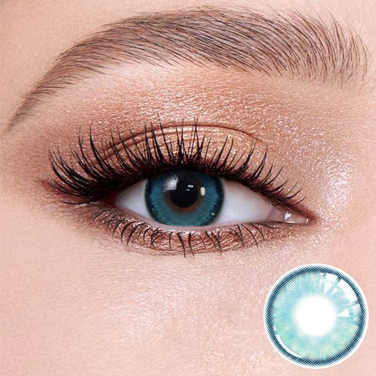 Bubbles Blue contact lenses on the eyes, close-up of the product on the lower right