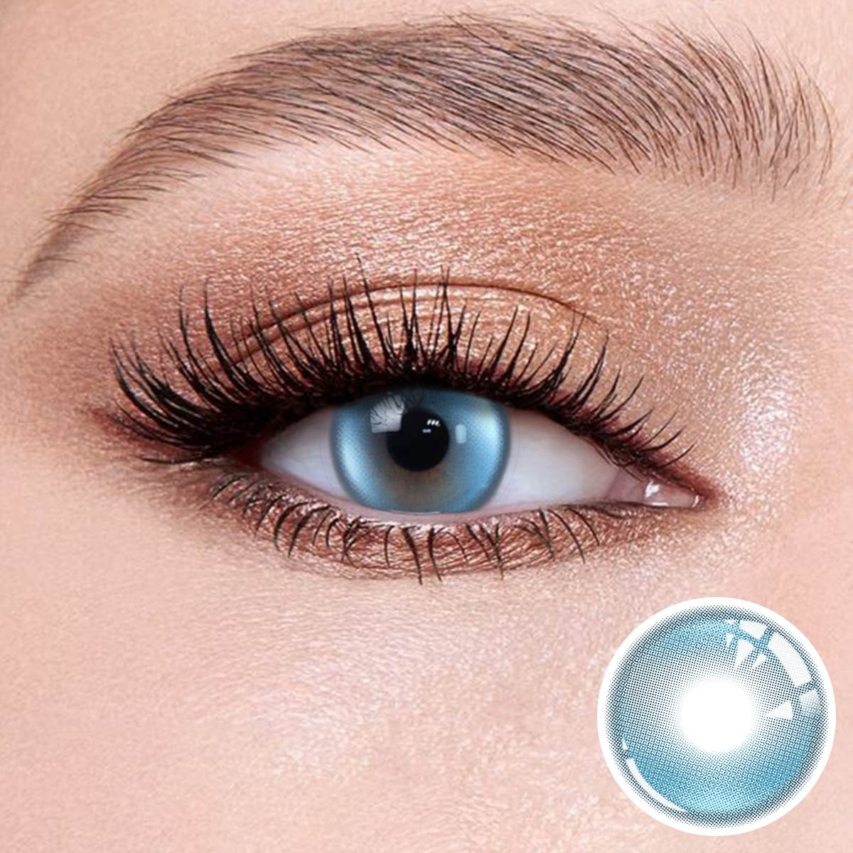 Halo Pro Blue contact lenses on the eyes, close-up of the product on the lower right