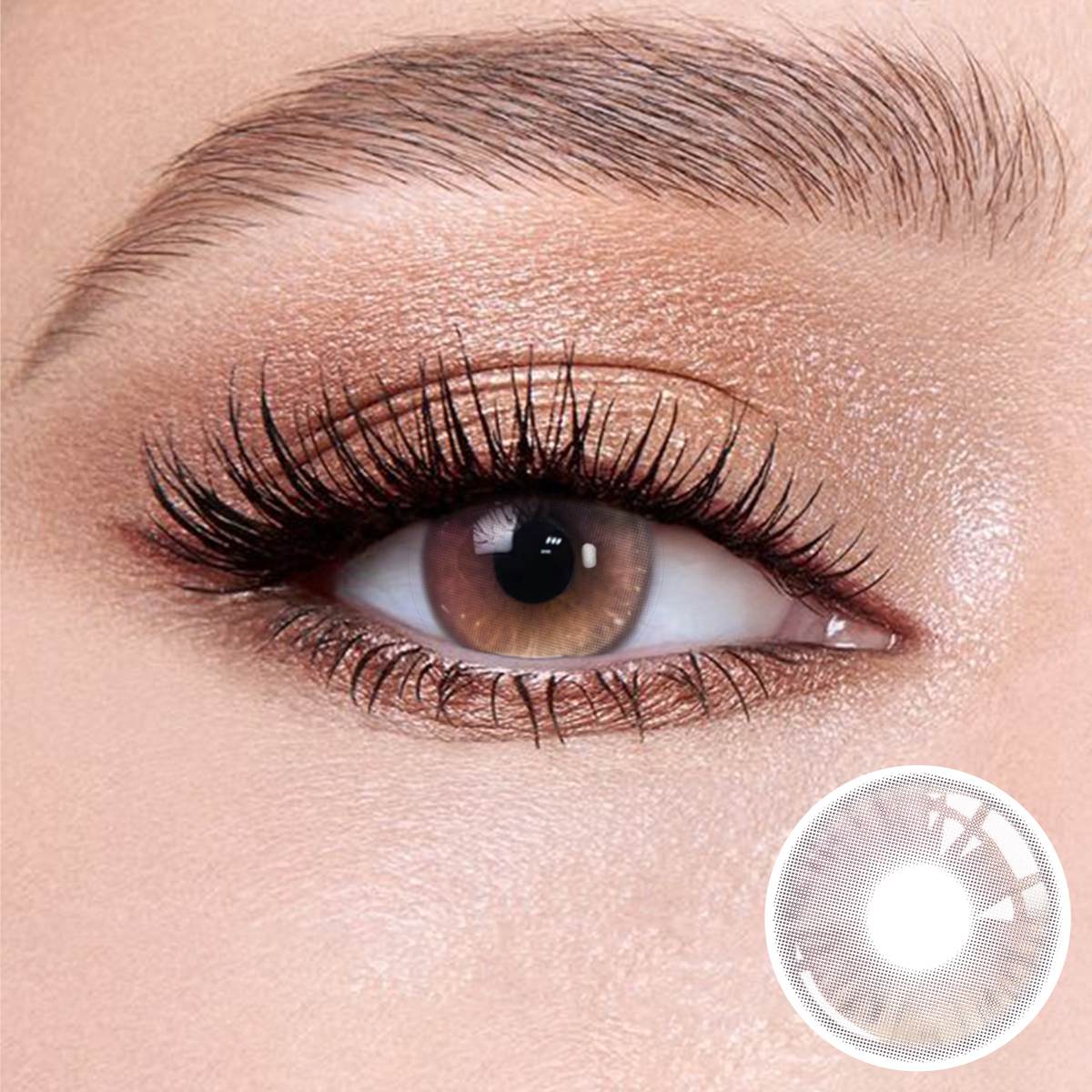 Princess Pink contact lenses on the eyes, close-up of the product on the lower right