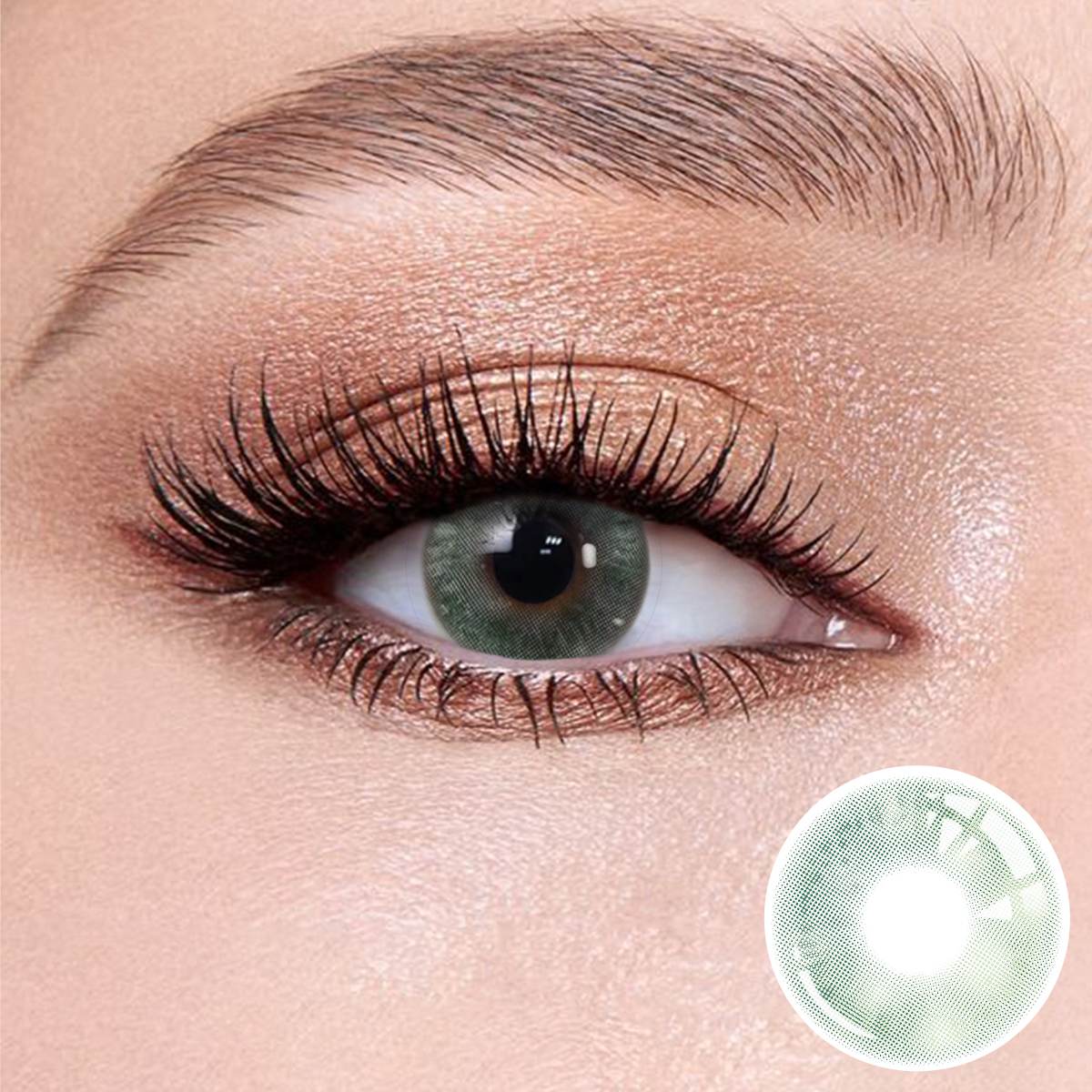 Clouds Green contact lenses on the eyes, close-up of the product on the lower right