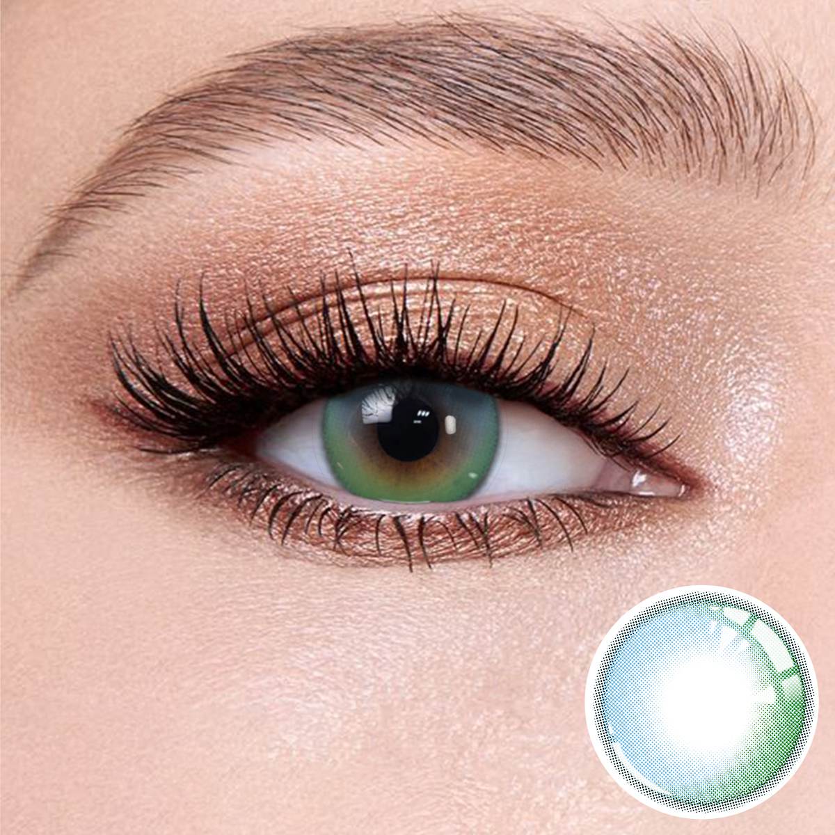 Soul Green contact lenses on the eyes, close-up of the product on the lower right