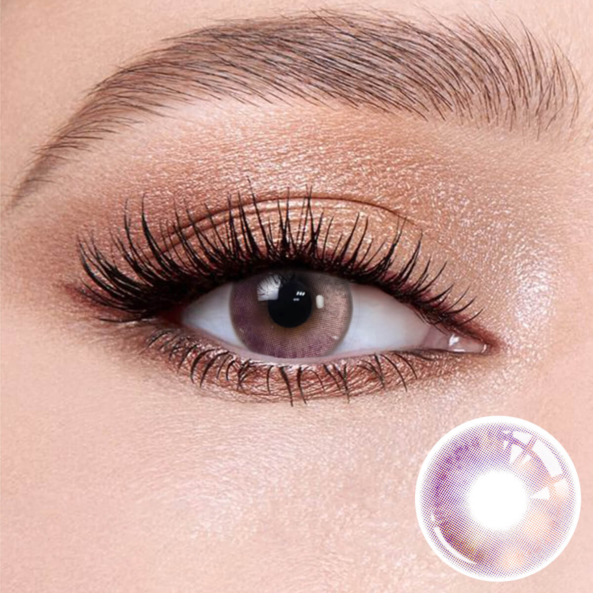 Clouds Purple contact lenses on the eyes, close-up of the product on the lower right