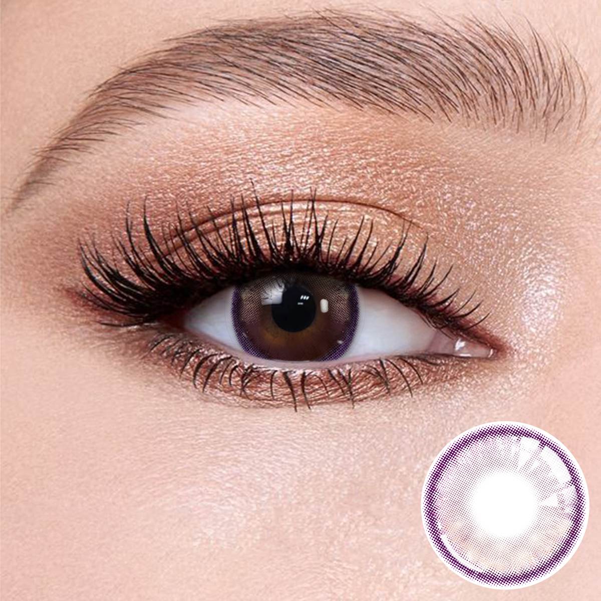 Bubbles Purple contact lenses on the eyes, close-up of the product on the lower right