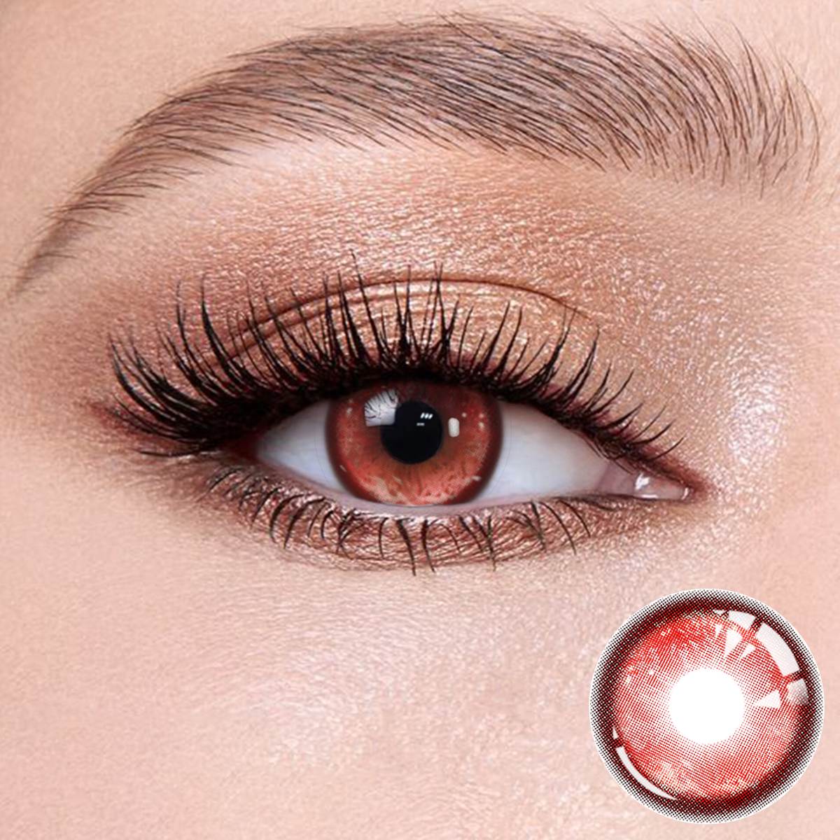 Thermo Aura Red contact lenses on the eyes, close-up of the product on the lower right