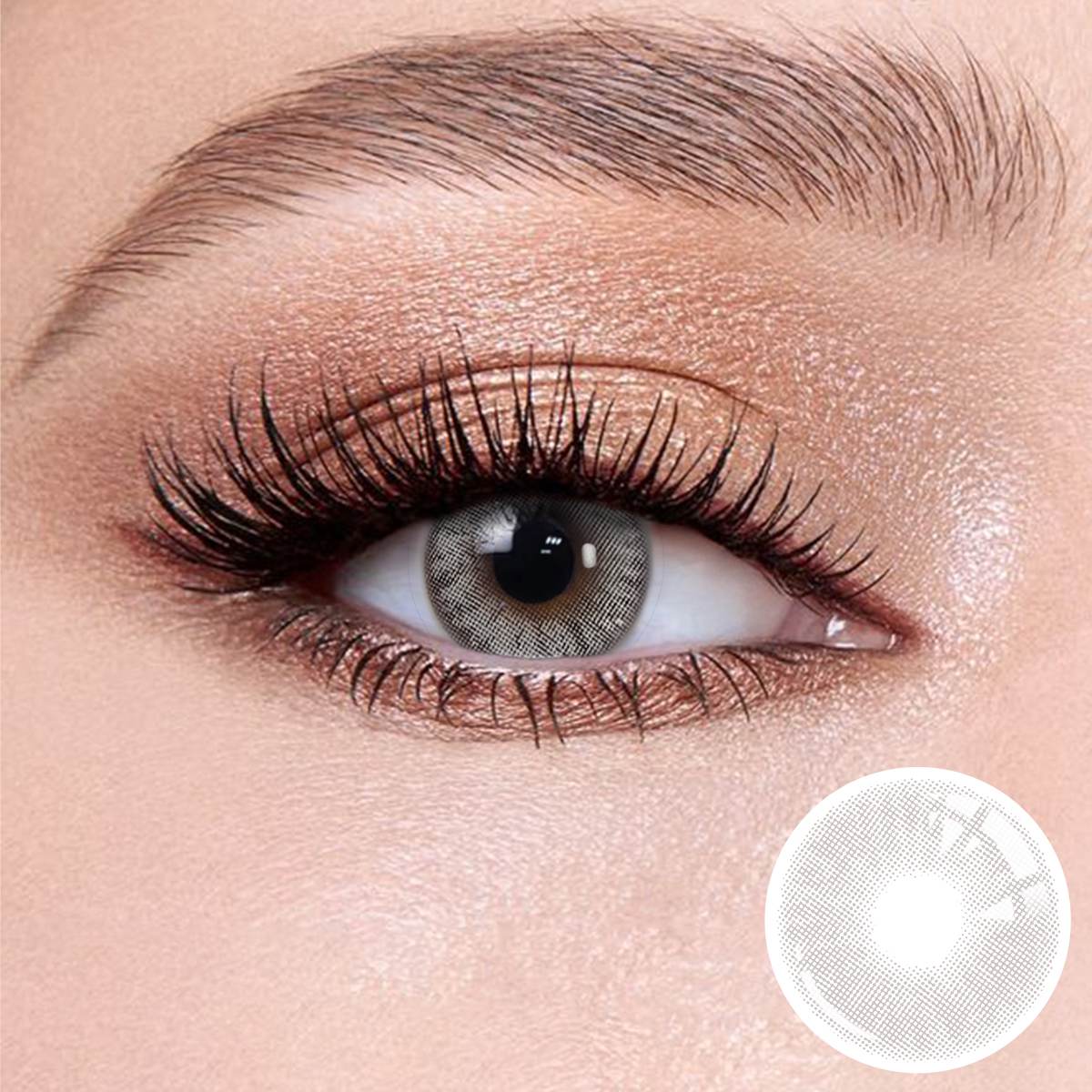 Mulberry Grey contact lenses on the eyes, close-up of the product on the lower right