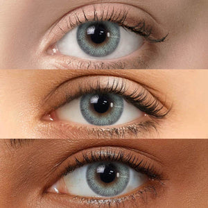 Mousse Blue Contact Lenses displayed on models with Fair skin, Medium skin, and Dark skin to show versatility across different complexions.