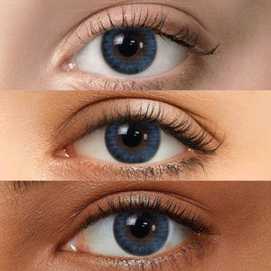 Queen Ice Blue Contact Lenses displayed on models with Fair skin, Medium skin, and Dark skin to show versatility across different complexions.