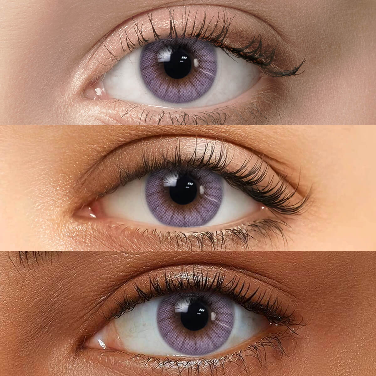 Dreamland Purple Contact Lenses displayed on models with Fair skin, Medium skin, and Dark skin to show versatility across different complexions.