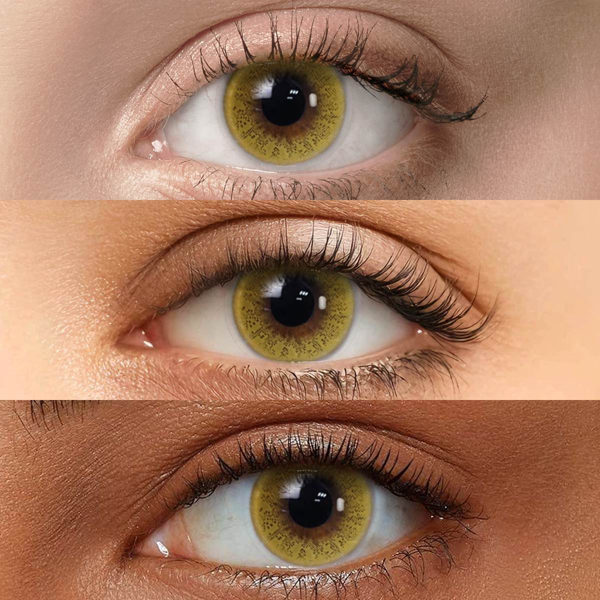 Queen Brown II Contact Lenses displayed on models with Fair skin, Medium skin, and Dark skin to show versatility across different complexions.