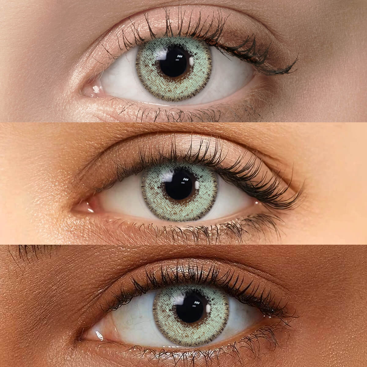 Nut Blue Contact Lenses displayed on models with Fair skin, Medium skin, and Dark skin to show versatility across different complexions.