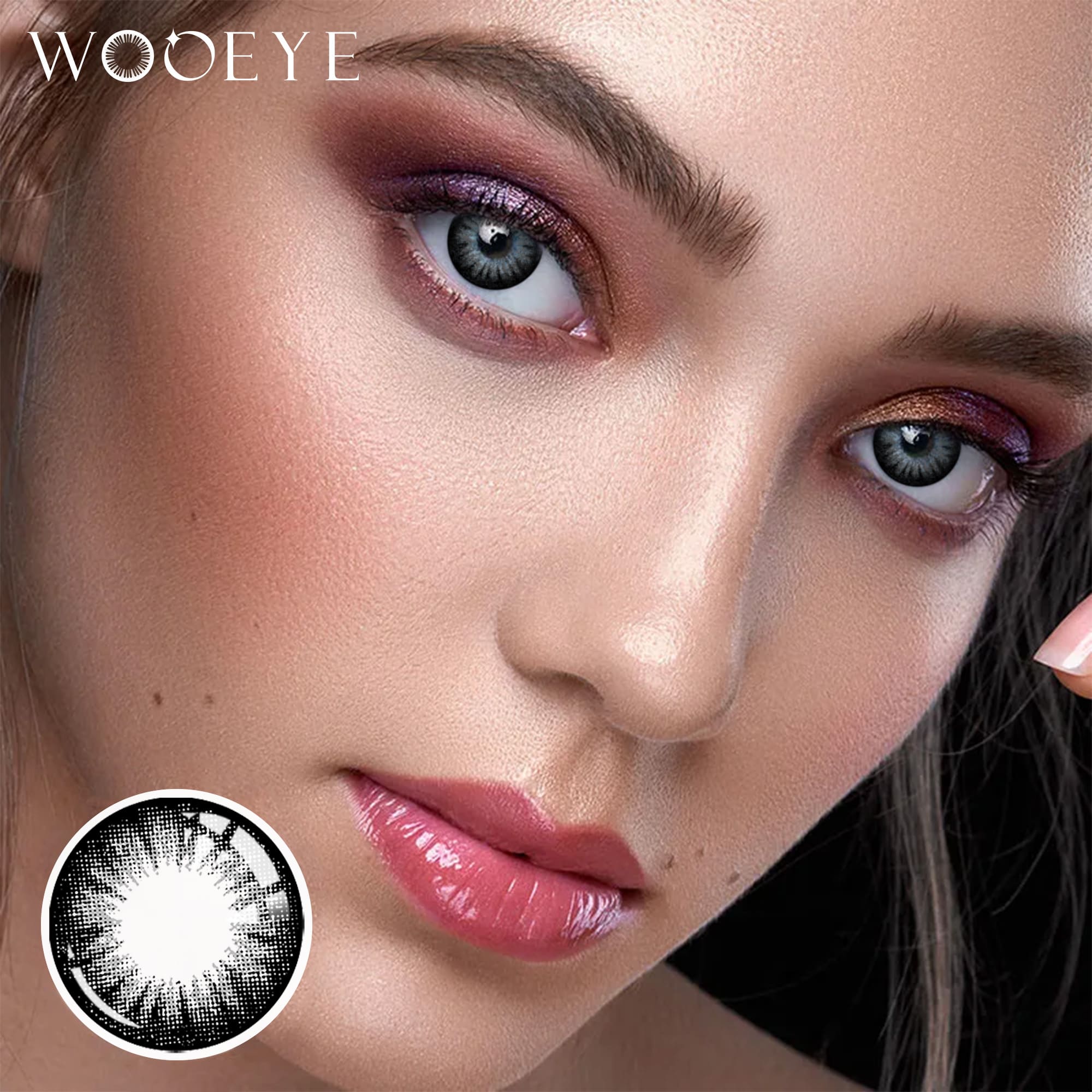 The girl's face is looking straight ahead, the upper left is the Wooeye logo, and the lower left is a close-up of the pearl gray i contact lens