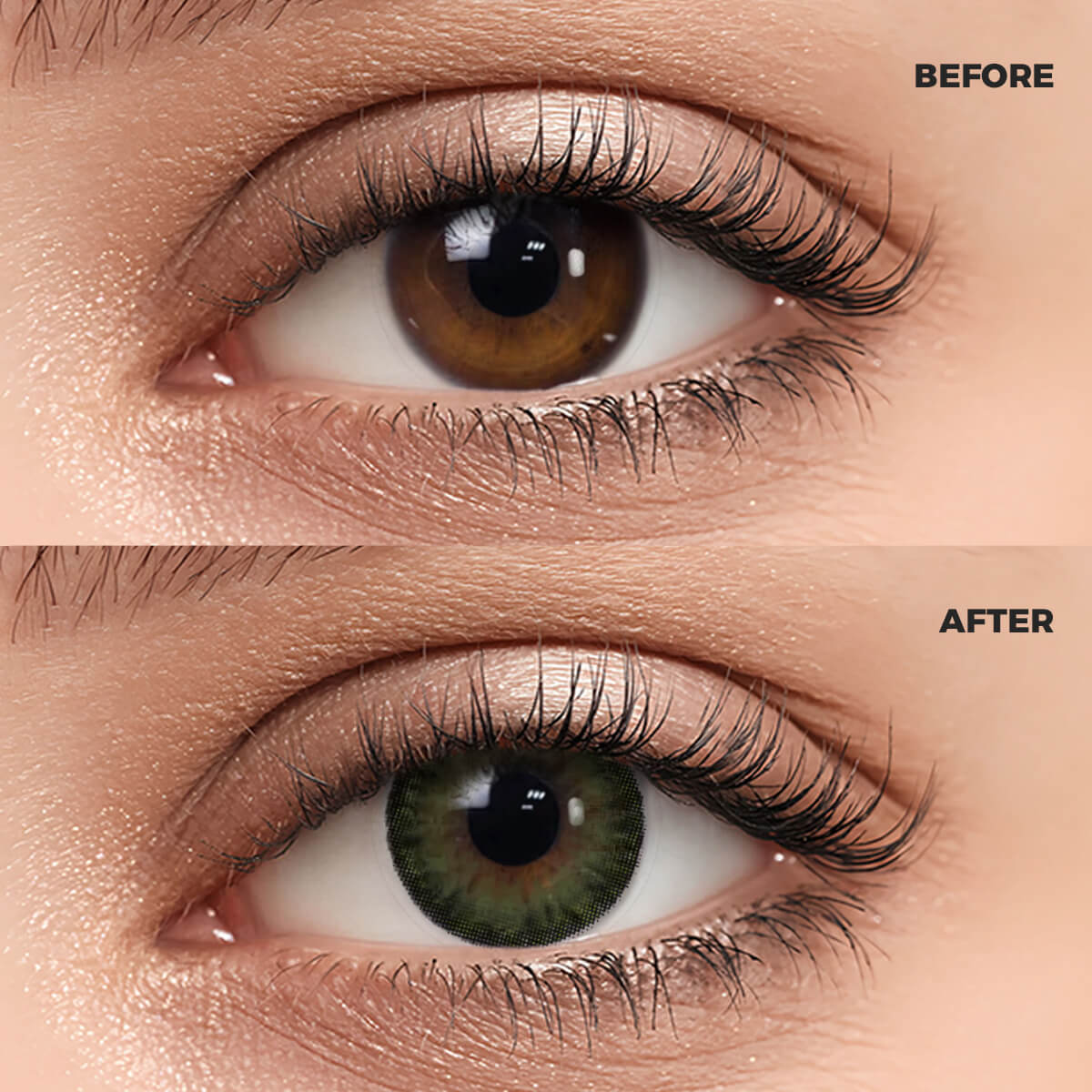 A macro photography comparison of a woman's eye. The top section, marked "BEFORE," shows the natural dark brown iris. The bottom section, marked "AFTER," features the same eye wearing a realistic and enhanced Queen Green II Contact Lenses.