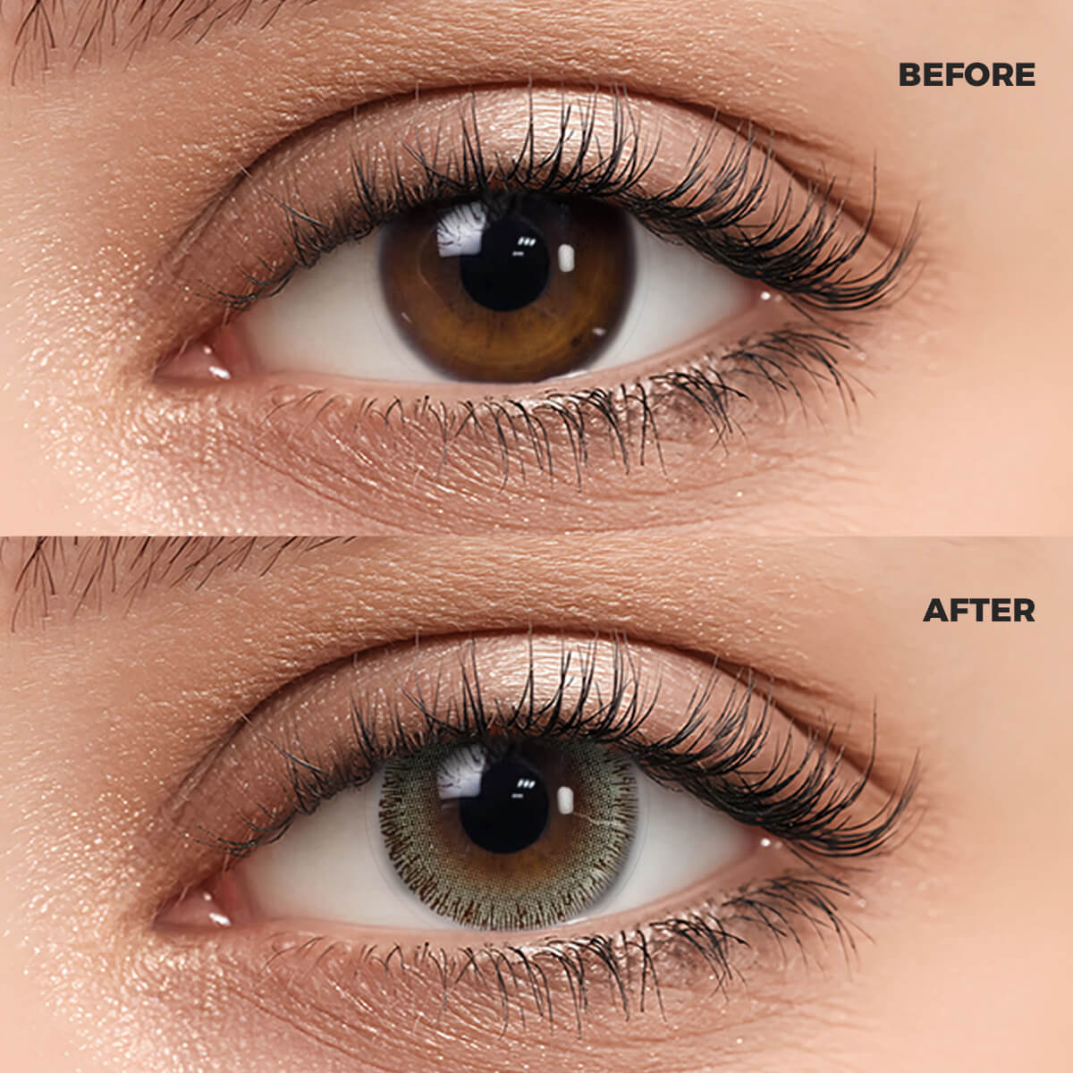Girl wearing Oat Gray Contact Lenses contact lenses before and after effect