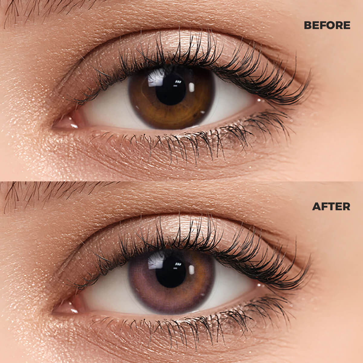 Girl wearing Sakura Purple Contact Lenses contact lenses before and after effect