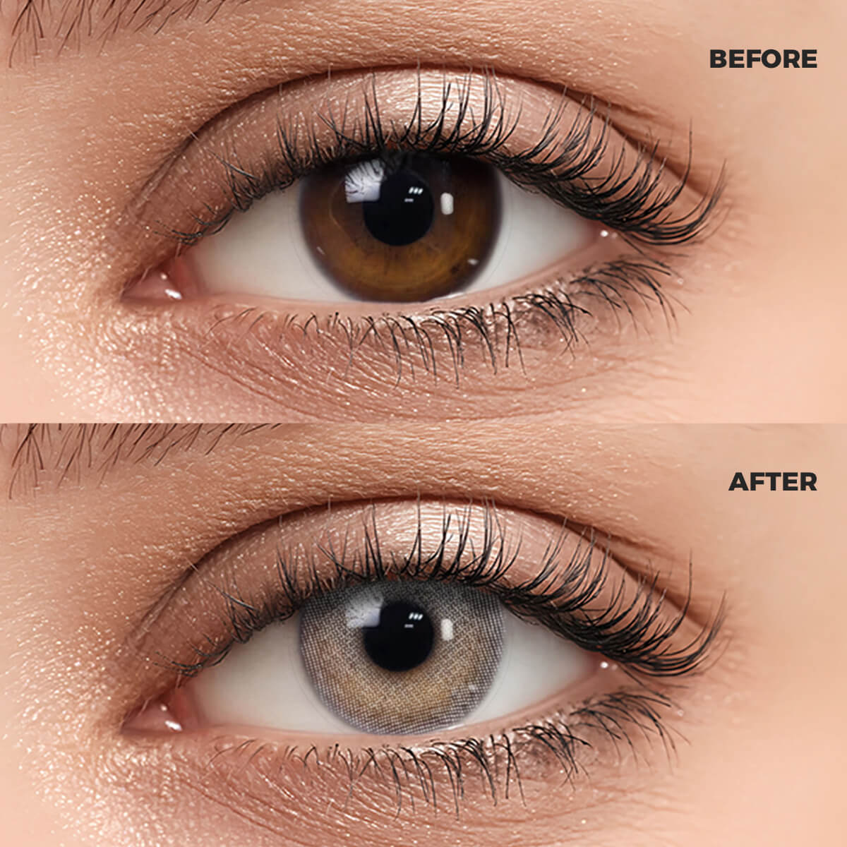 A macro photography comparison of a woman's eye. The top section, marked "BEFORE," shows the natural dark brown iris. The bottom section, marked "AFTER," features the same eye wearing a realistic and enhanced Mousse Gray Contact Lenses.