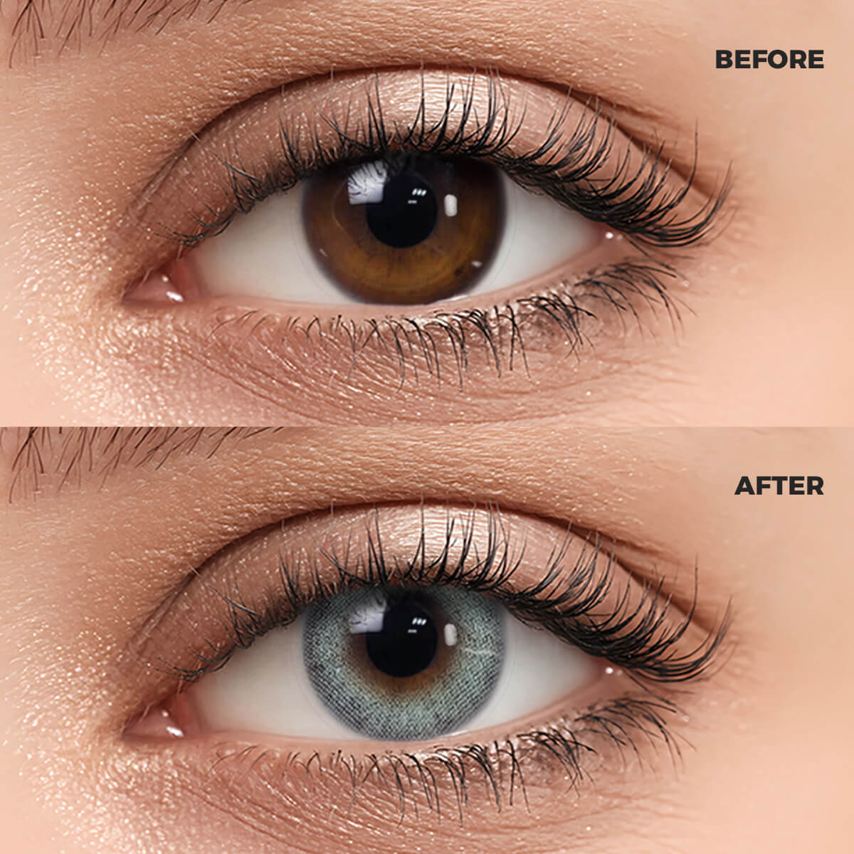 A macro photography comparison of a woman's eye. The top section, marked "BEFORE," shows the natural dark brown iris. The bottom section, marked "AFTER," features the same eye wearing a realistic and enhanced Mousse Blue Contact Lenses.
