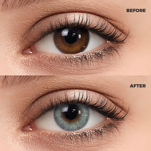 A macro photography comparison of a woman's eye. The top section, marked "BEFORE," shows the natural dark brown iris. The bottom section, marked "AFTER," features the same eye wearing a realistic and enhanced Mousse Blue Contact Lenses.