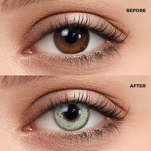 Girl wearing Flaxseed Gray Contact Lenses contact lenses before and after effect