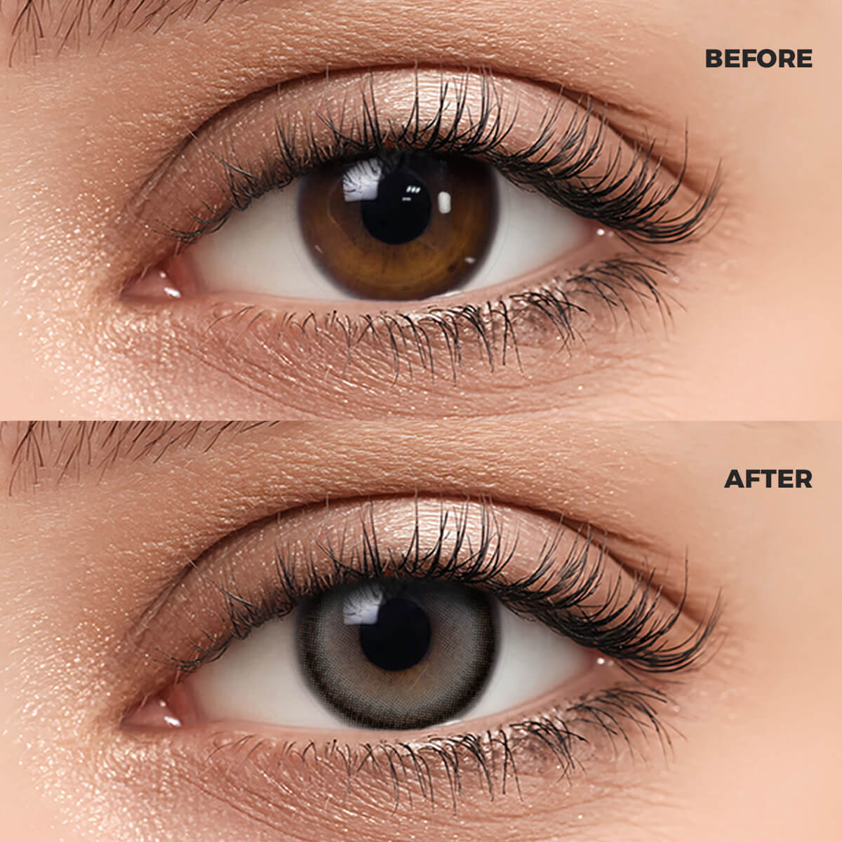 Girl wearing Black Pearl Gray Contact Lenses contact lenses before and after effect
