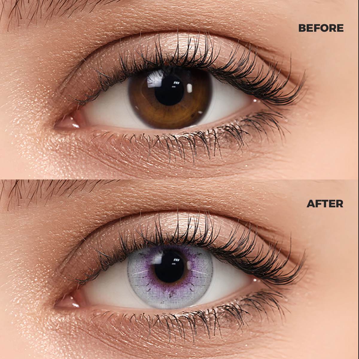 Girl wearing Salty purple contact lenses before and after effect