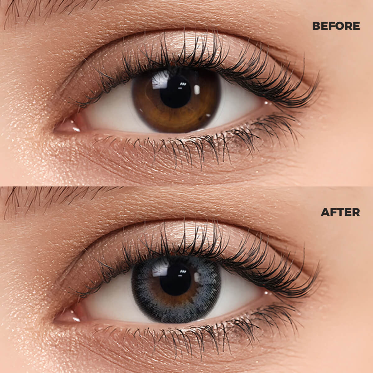 Girl wearing Olive Green Contact Lenses contact lenses before and after effect