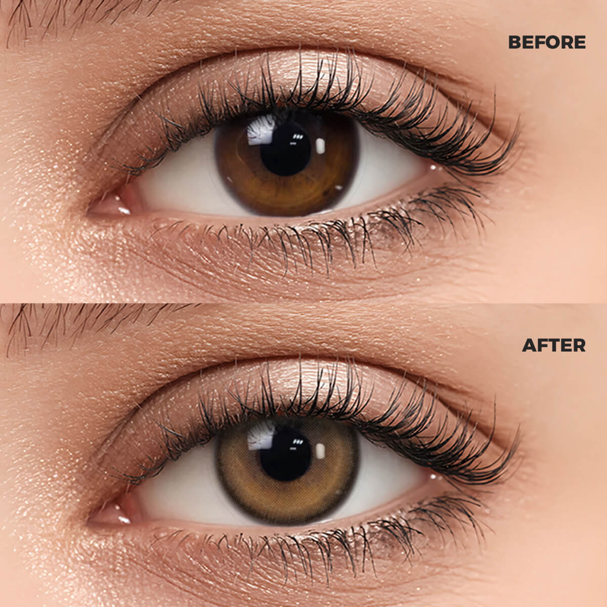 Girl wearing Hazel Brown Contact Lenses contact lenses before and after effect