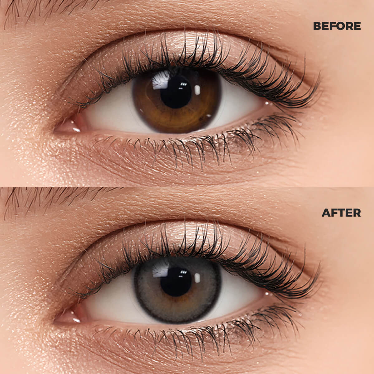 Girl wearing Mocha Gray Contact Lenses contact lenses before and after effect