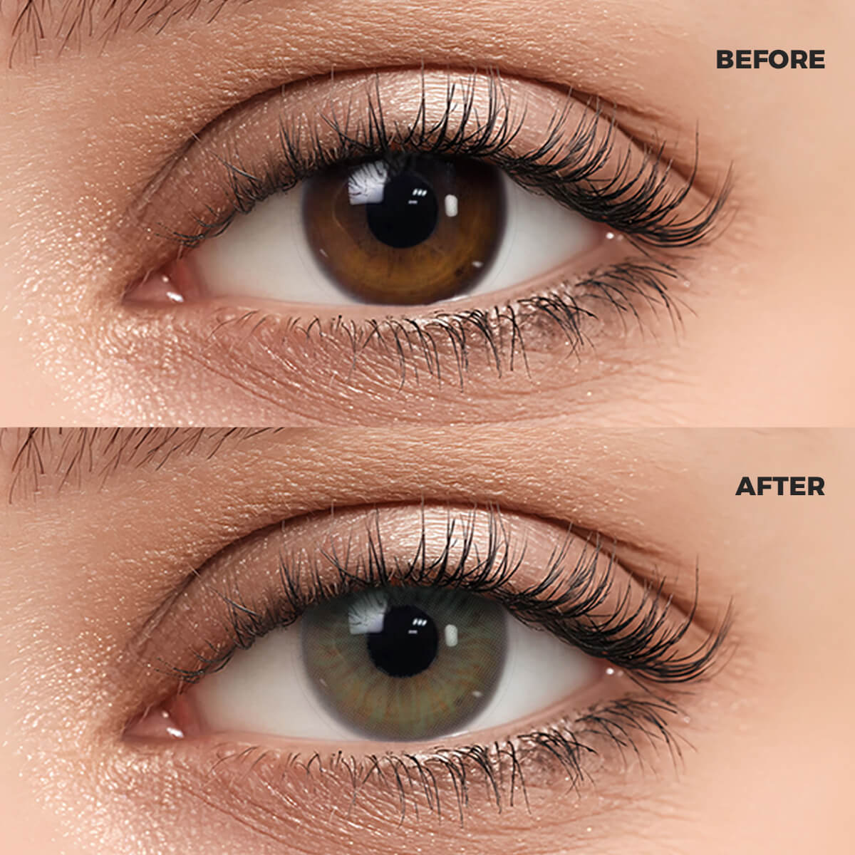 Girl wearing Diamond Green Contact Lenses contact lenses before and after effect