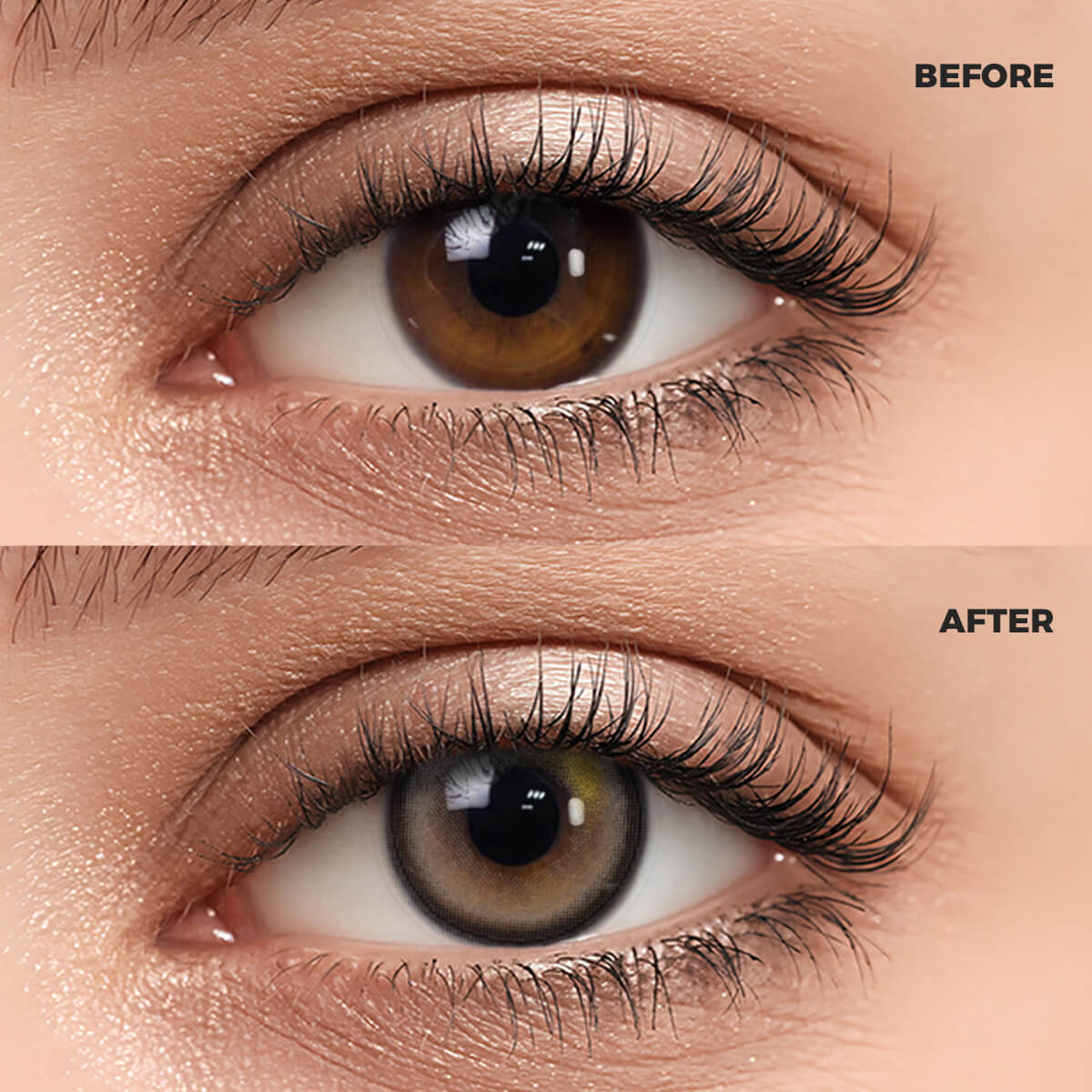Girl wearing Misty Gray Contact Lenses contact lenses before and after effect