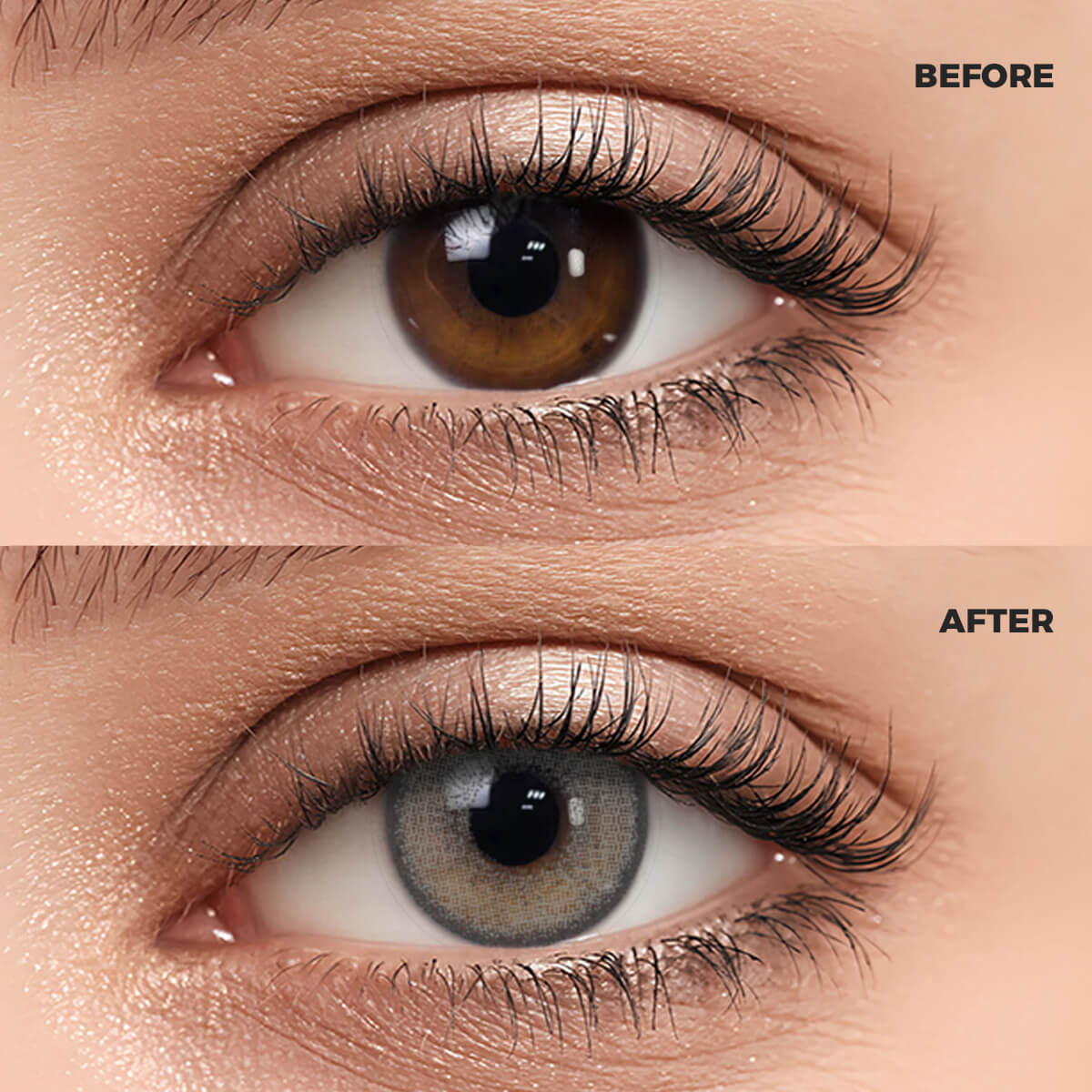 Girl wearing Cream Brown I Contact Lenses contact lenses before and after effect
