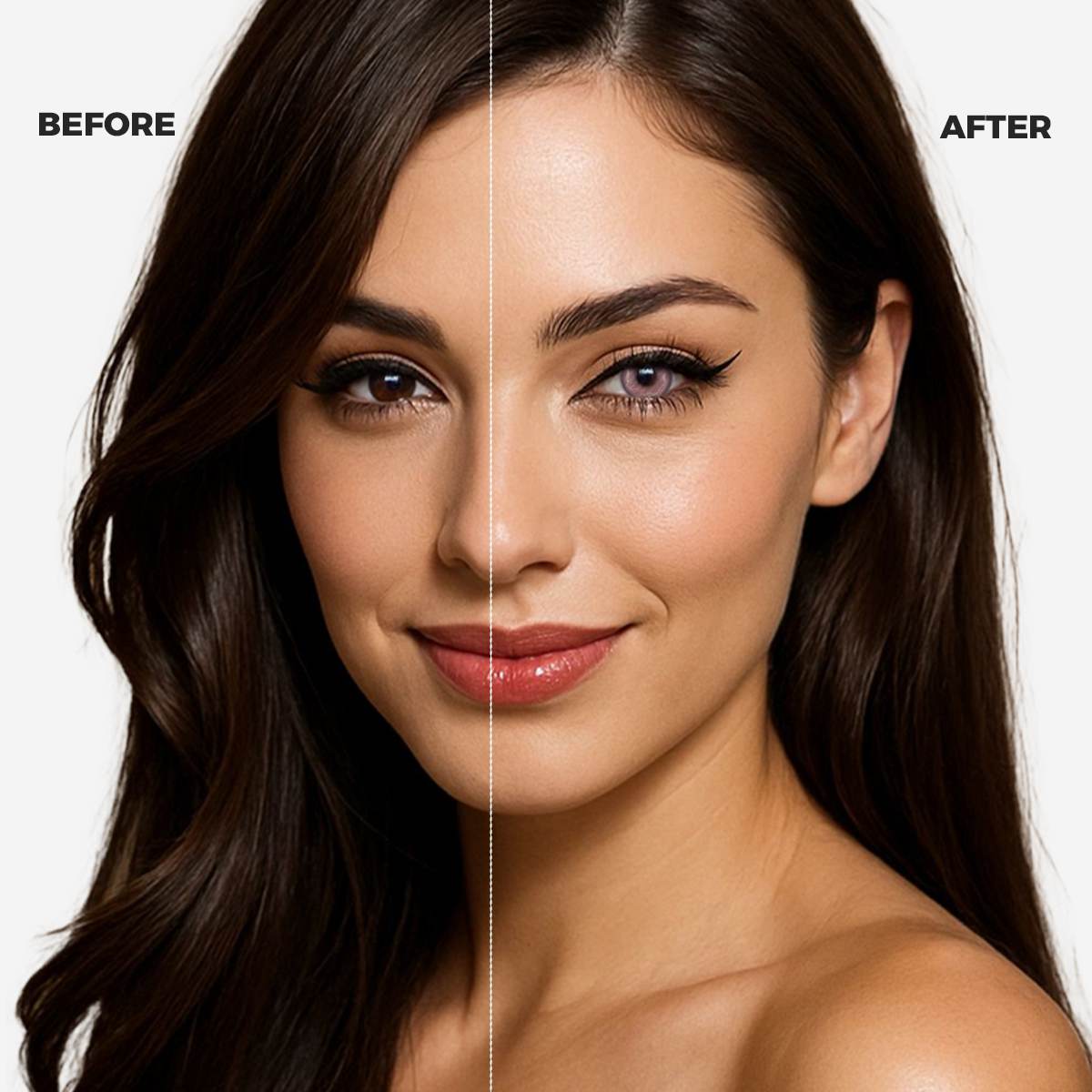 Girl wearing heaven purple contact lenses before and after effect