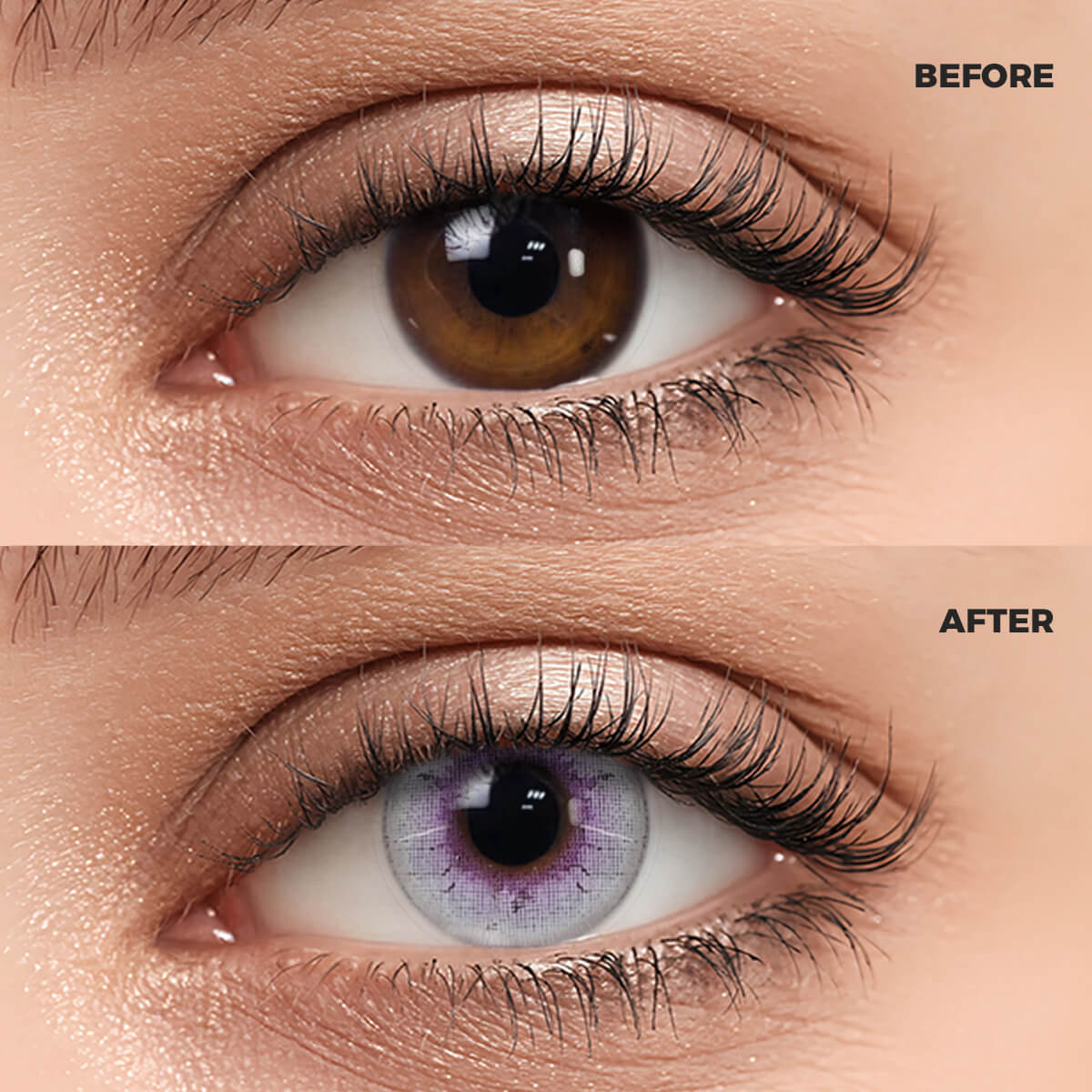 Girl wearing Salty purple Contact Lenses contact lenses before and after effect