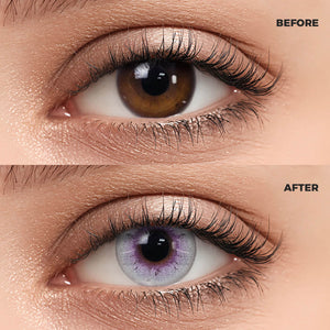 Girl wearing Salty purple Contact Lenses contact lenses before and after effect
