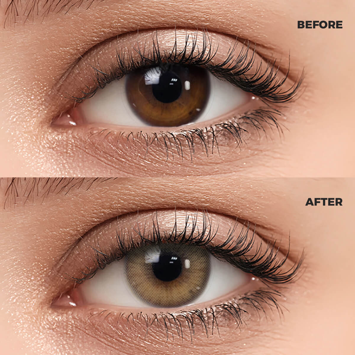 A macro photography comparison of a woman's eye. The top section, marked "BEFORE," shows the natural dark brown iris. The bottom section, marked "AFTER," features the same eye wearing a realistic and enhanced Mousse Brown I Contact Lenses.