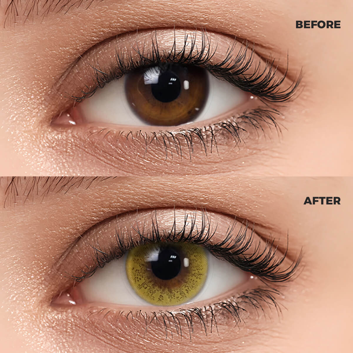 A macro photography comparison of a woman's eye. The top section, marked "BEFORE," shows the natural dark brown iris. The bottom section, marked "AFTER," features the same eye wearing a realistic and enhanced Queen Brown II Contact Lenses.