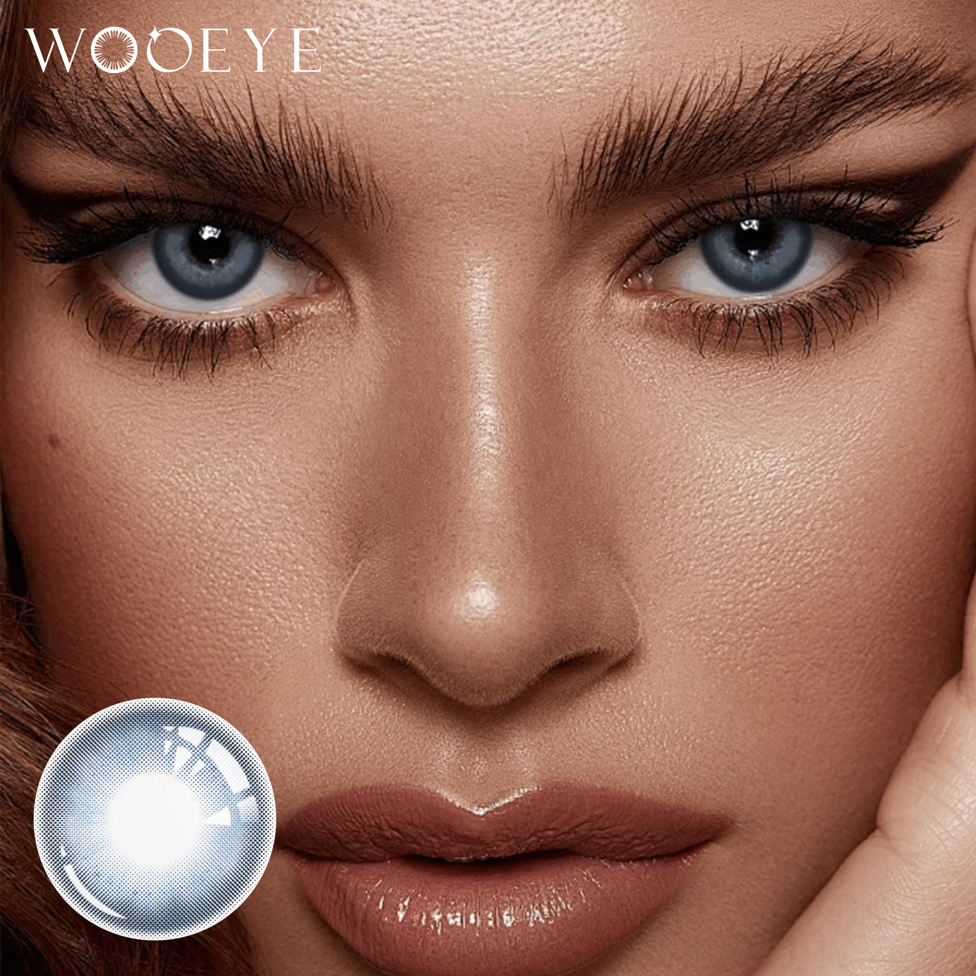 The girl's face is looking straight ahead, the upper left is the Wooeye logo, and the lower left is a close-up of the human barbie blue contact lens