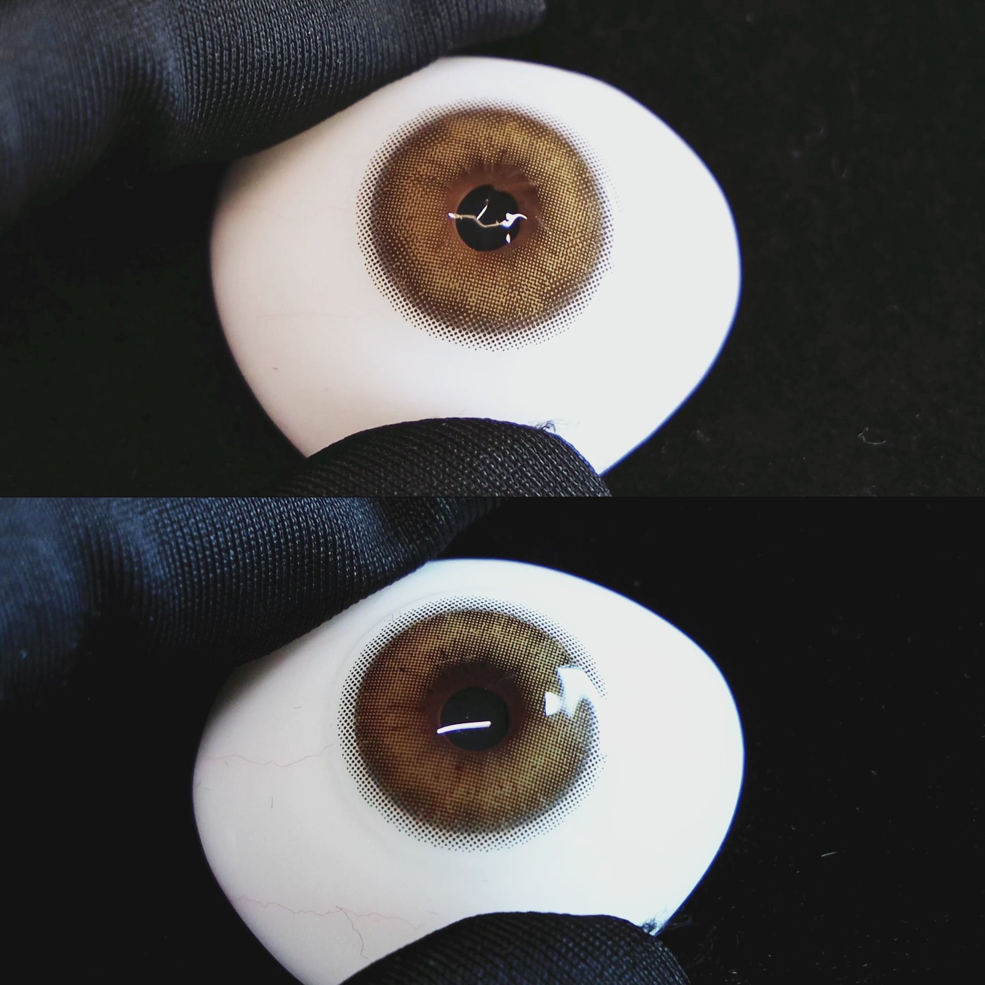 Mystery Brown contact lenses on a brown simulated eyeball with a black background