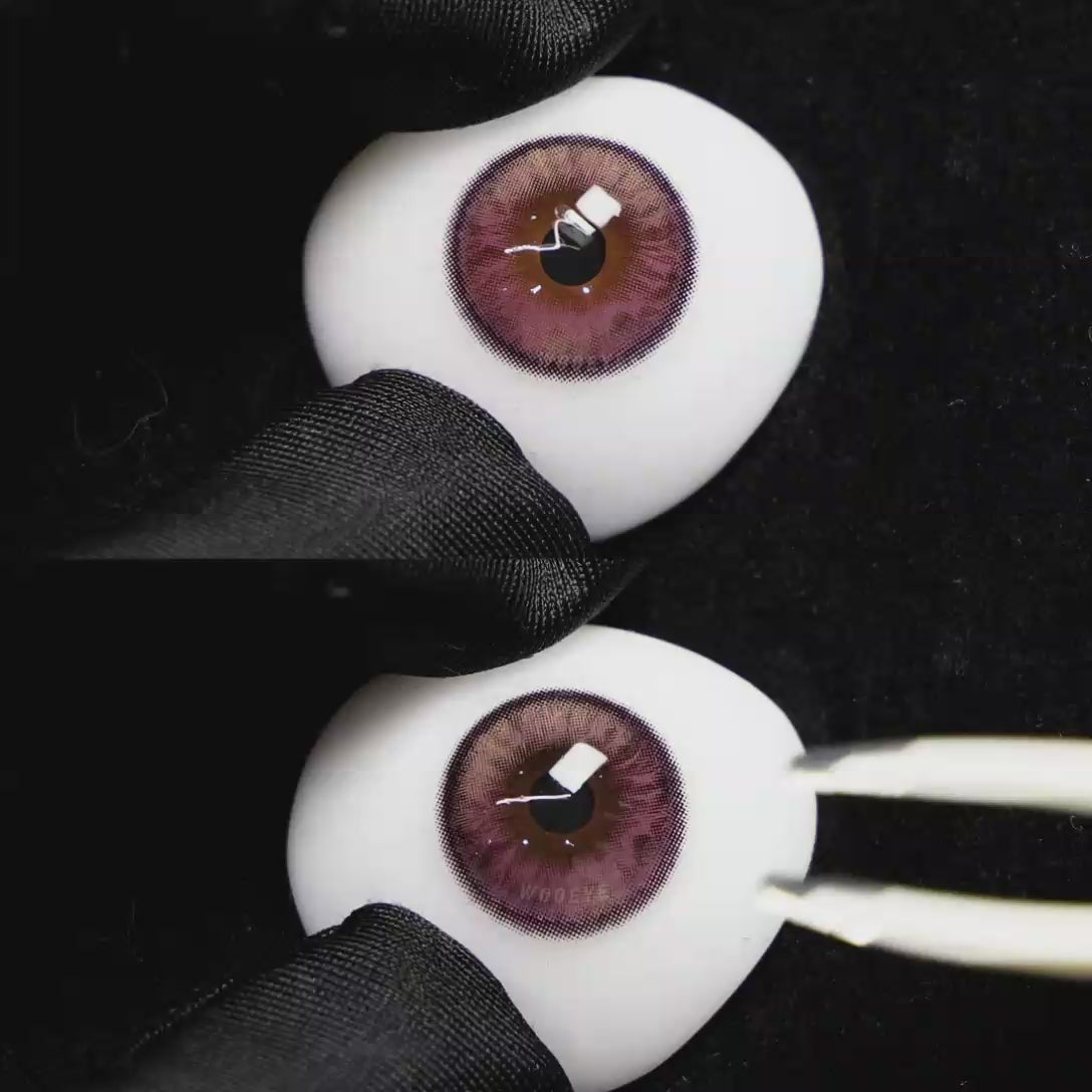 A simulated brown prosthetic eye showing the visual transformation effect of wearing Wooeye Plato Purple colored contact lenses against a black background.