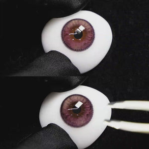 A simulated brown prosthetic eye showing the visual transformation effect of wearing Wooeye Plato Purple colored contact lenses against a black background.