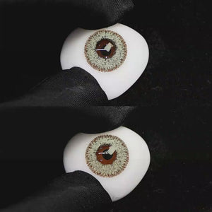 A simulated brown prosthetic eye showing the visual transformation effect of wearing Wooeye Cream Flaxseed Gray colored contact lenses against a black background.