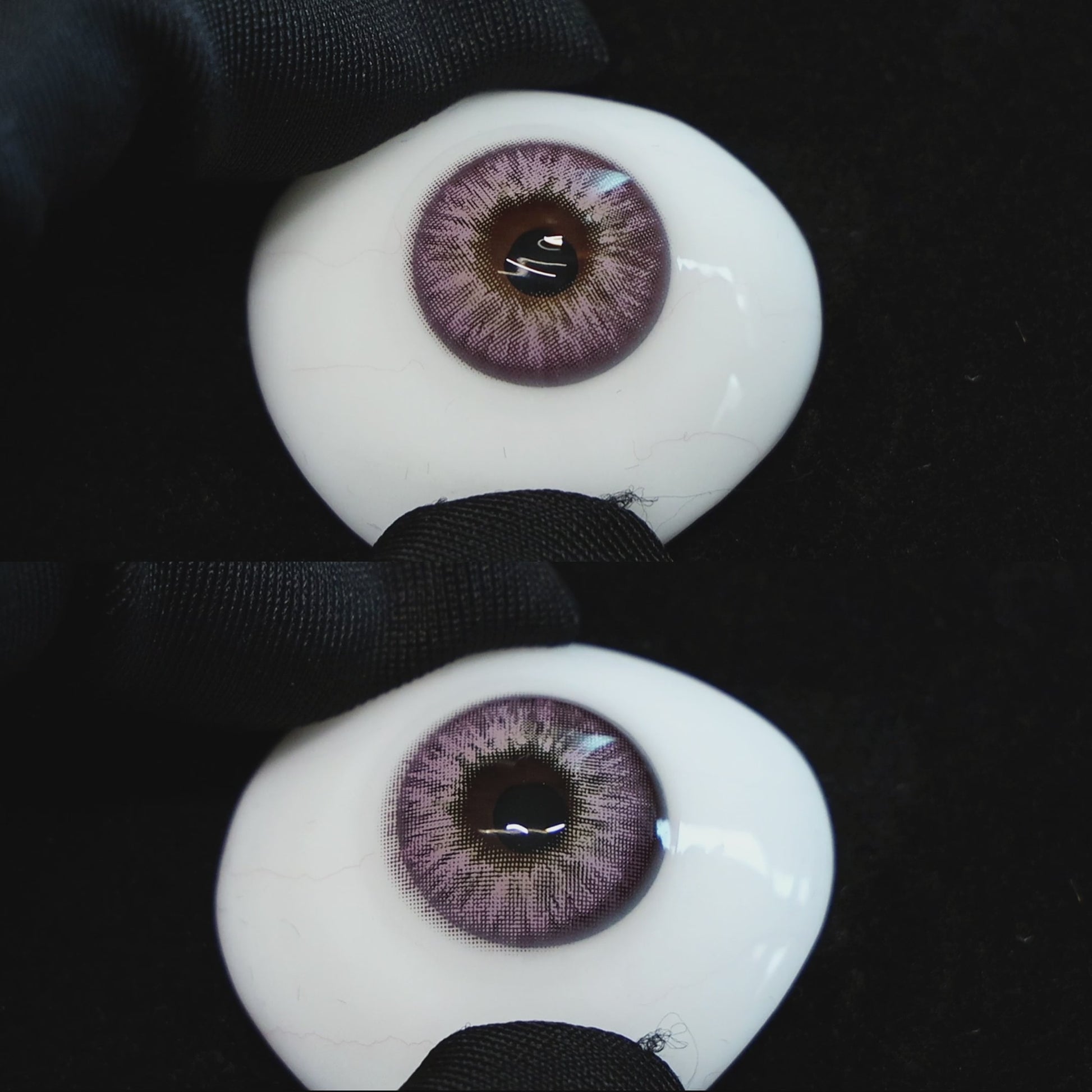 Omg Purple contact lenses on a brown simulated eyeball with a black background