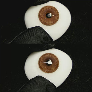 A simulated brown prosthetic eye showing the visual transformation effect of wearing Sepia Brown colored contact lenses against a black background.