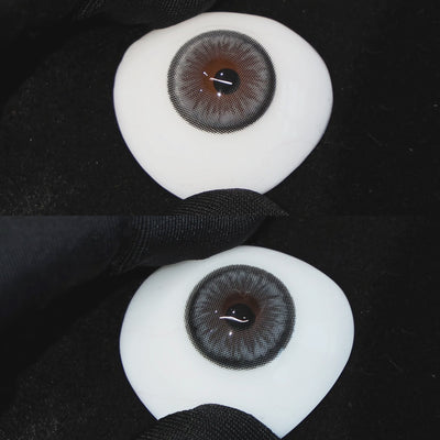 Sugar Blue contact lenses on a brown simulated eyeball with a black background