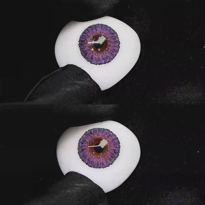 A simulated brown prosthetic eye showing the visual transformation effect of wearing Wooeye Freedom Yolanda Purple colored contact lenses against a black background.