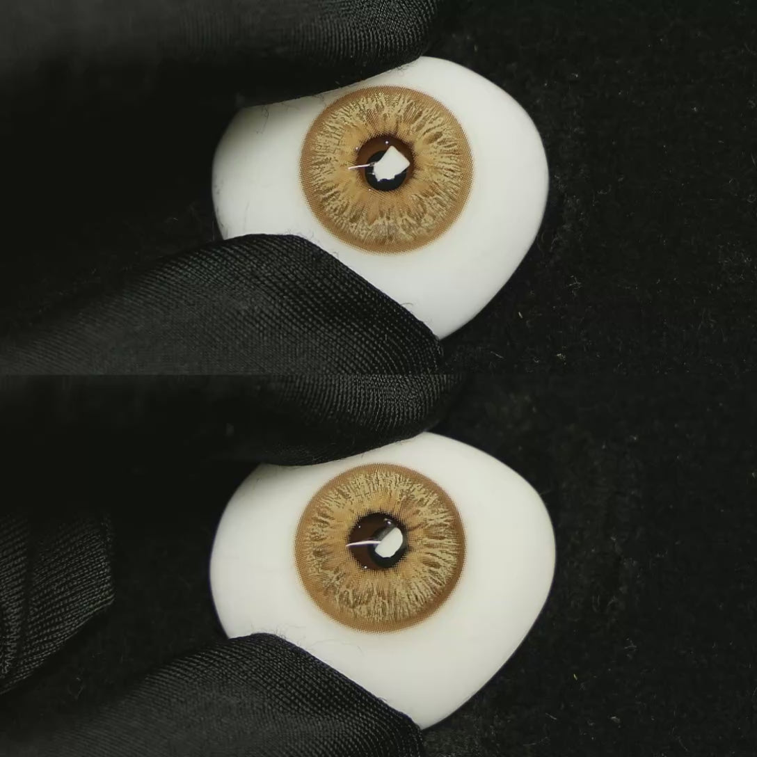 A simulated brown prosthetic eye showing the visual transformation effect of wearing Wild Brown colored contact lenses against a black background.