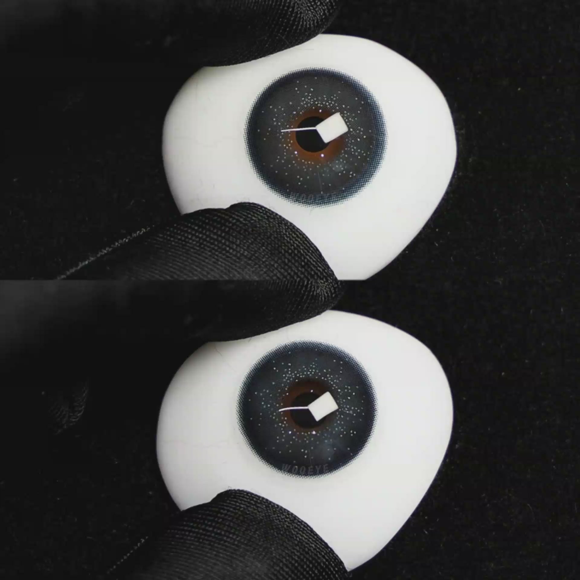 A simulated brown prosthetic eye showing the visual transformation effect of wearing Wooeye Star Blue colored contact lenses against a black background.